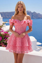 Dressystars Hot Pink Lace Beaded Ruffled Off The Shoulder A Line Short Homecoming Dress