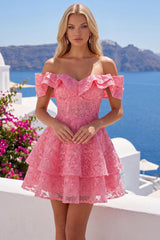 Dressystars Hot Pink Lace Beaded Ruffled Off The Shoulder A Line Short Homecoming Dress