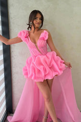 Dressystars Hot Pink One Shoulder A-Line High-Low Organza Homecoming Dress with Ruffles