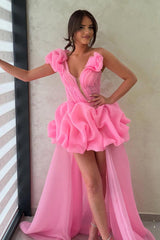 Dressystars Hot Pink One Shoulder A-Line High-Low Organza Homecoming Dress with Ruffles