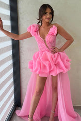Dressystars Hot Pink One Shoulder A-Line High-Low Organza Homecoming Dress with Ruffles