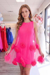 Dressystars Hot Pink Round Neck Bodycon Short Homecoming Dress with 3D Flowers