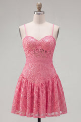 Dressystars Hot Pink Short Lace Sequin Spaghetti Straps A Line Homecoming Dress with Bow