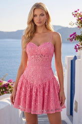 Dressystars Hot Pink Short Lace Sequin Spaghetti Straps A Line Homecoming Dress with Bow