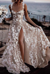Dressystars Ivory A Line Spaghetti Strap V Neck Sleeveless Lace Tulle Bridal Gown With High Slit