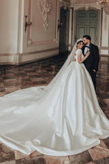 Dressystars Ivory A Line Square Neck Satin Glitter Bridal Gown With Sleeves