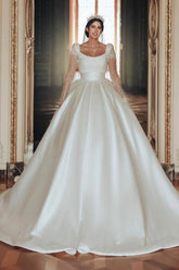 Dressystars Ivory A Line Square Neck Satin Glitter Bridal Gown With Sleeves