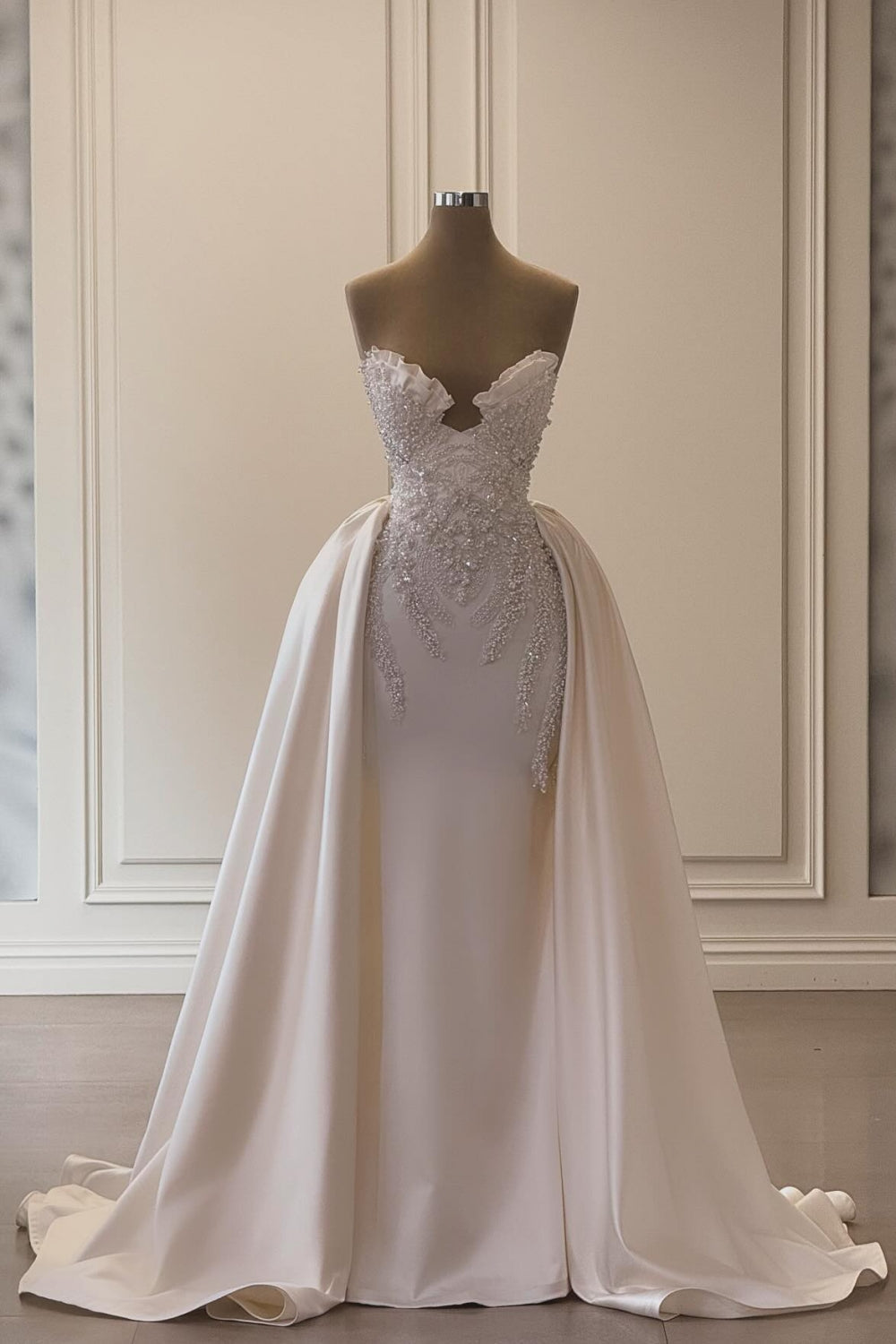 Dressystars Ivory A Line Strapless Sleeveless Beaded Panel Train Ruffle Satin Bridal Gown