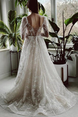 Dressystars Ivory A Line Wedding Dress Sleeves Lace Bridal Gown With Slit