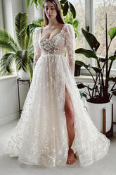 Dressystars Ivory A Line Wedding Dress Sleeves Lace Bridal Gown With Slit