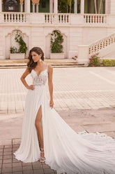 Dressystars Ivory A Line Wedding Dress Spaghetti Straps V Neck Lace Bridal Gown With Slit