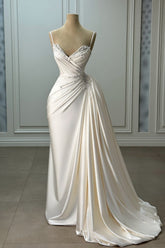 Dressystars Ivory Column Sweetheart Spaghetti Strap Sleeveless Beaded Panel Train Ruffle Satin Bridal Gown With Pearls
