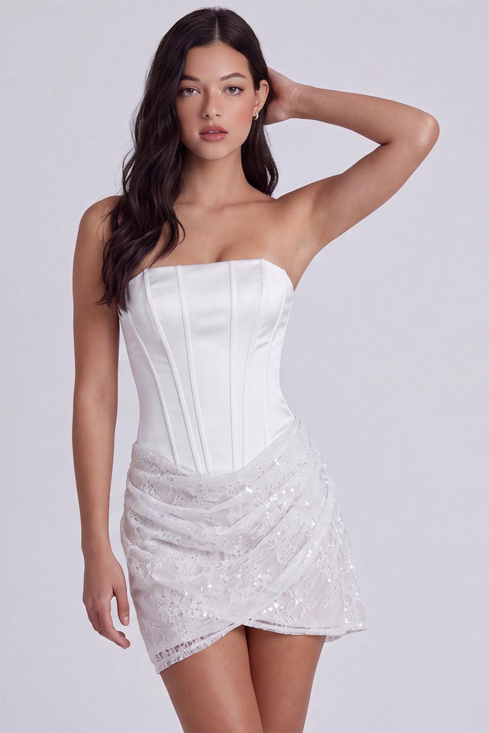 Dressystars Ivory Corset Lace Tight Ruched Strapless Short Engagement Dress