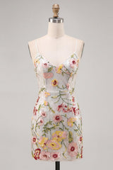 Dressystars Ivory Floral Spaghetti Straps Beaded Tight Short Homecoming Dress