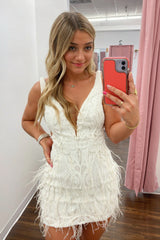 Dressystars Ivory Sequin Homecoming Dress Bodycon Short Cocktail Dress with Feathers