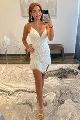 Dressystars Ivory Sequined Sheath Spaghetti Straps Short Homecoming Dress with Fringes