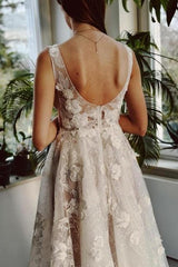 Dressystars Ivory V Neck Wedding Dress A Line Split Front Sleeveless Bridal Gown With Lace