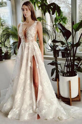 Dressystars Ivory V Neck Wedding Dress A Line Split Front Sleeveless Bridal Gown With Lace