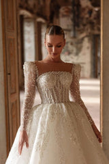Dressystars Ivory Wedding Dress A Line Square Neck Lace Beading Bridal Gown With Sleeves