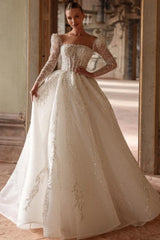 Dressystars Ivory Wedding Dress A Line Square Neck Lace Beading Bridal Gown With Sleeves