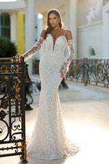 Dressystars Ivory Wedding Dress Mermaid Spaghetti Straps Lace Bridal Gown With Detachable Panel Train