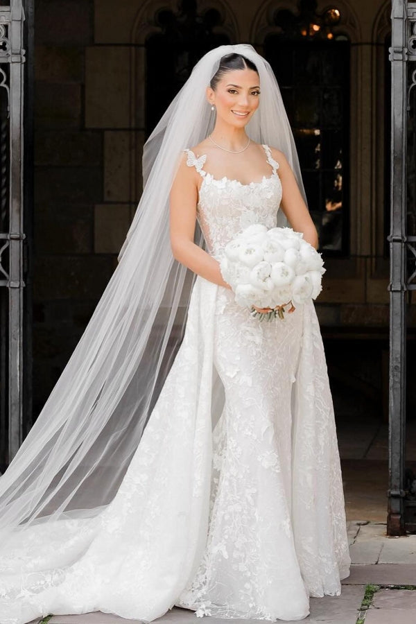 Dressystars Women Ivory Wedding Dress Sleeveless Lace Bridal Gown With Detachable Panel Train Dressystars Women Ivory Wedding Dress Sleeveless Lace Bridal Gown With Detachable Panel Train