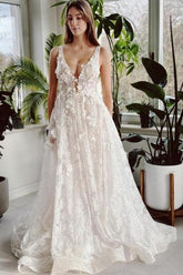 Dressystars Ivory Wedding Dress V Neck A Line Lace Bridal Gown With Glitter