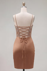 Dressystars Khaki Tight Ruched Short Corset Homecoming Dress with Rhinestones