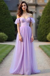 Dressystars Lace Lilac Off The Shoulder Long Formal Dress With Ruffles