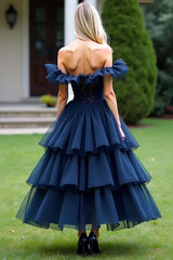 Dressystars Lace Tulle Navy Wedding Guest Dress A Line Tea-Length Formal Dress With Ruffles