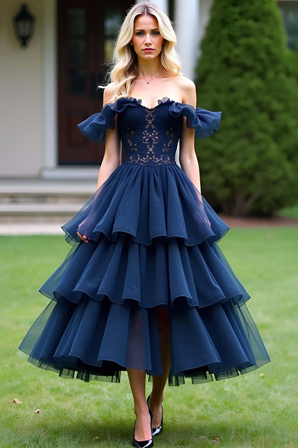 Dressystars Lace Tulle Navy Wedding Guest Dress A Line Tea-Length Formal Dress With Ruffles