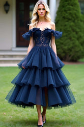 Dressystars Lace Tulle Navy Wedding Guest Dress A Line Tea-Length Formal Dress With Ruffles