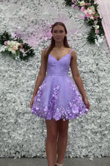 Dressystars Lavender Homecoming Dress Floral Spaghetti Straps A-Line Short Prom Dress