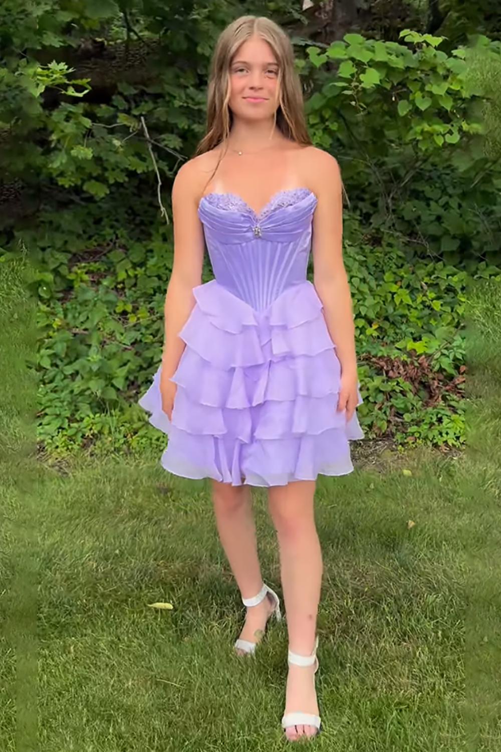 Dressystars Lavender Tiered Homecoming Dresses Short Corset Cocktail Dresses With Beading