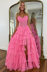 Dressystars Layered Ruffle A-Line Prom Dress With Embellished Lace Bodice And Leg Slit Formal Evening Gown