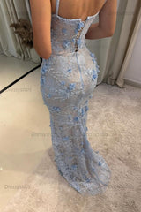 Dressystars Light Blue 3D Floral Lace Beaded Mermaid Prom Dress With Illusion Corset Bodice Formal Evening Gown