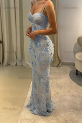 Dressystars Light Blue 3D Floral Lace Beaded Mermaid Prom Dress With Illusion Corset Bodice Formal Evening Gown