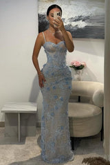 Dressystars Light Blue 3D Floral Lace Beaded Mermaid Prom Dress With Illusion Corset Bodice Formal Evening Gown