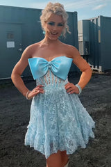 Dressystars Light Blue Homecoming Dresses Lace Short Corset Cocktail Dresses With Bow