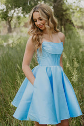 Dressystars Light Blue Short Corset Strapless Homecoming Dress with Pockets