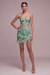 Dressystars Light Green Floral Corset Tight Short Homecoming Dress with Ruffles