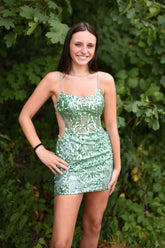 Dressystars Light Green Homecoming Dress Corset Spaghetti Straps Tight Short Prom Dress