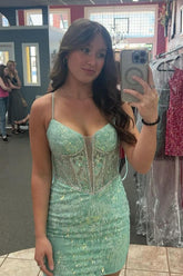 Dressystars Light Green Homecoming Dress Corset Tight Short Prom Dress with Beadings