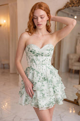 Dressystars Light Green Strapless A Line Short Corset Homecoming Dress with Ruffles