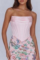 Dressystars Light Pink Floral Corset Ruched Strapless Tight Short Homecoming Dress