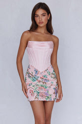 Dressystars Light Pink Floral Corset Ruched Strapless Tight Short Homecoming Dress