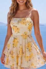 Dressystars Light Yellow Floral Ruffled A-Line Short Homecoming Dress with Pearl Details