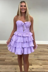 Dressystars Lilac A Line Homecoming Dresses Tulle Sweetheart Tiered Cocktail Dresses