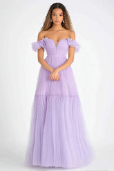 Dressystars Lilac A Line Off The Shoulder Tulle Long Formal Dress