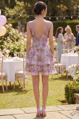 Dressystars Lilac Floral V-Neck A-Line Corset Short Homecoming Dress with Ruffles